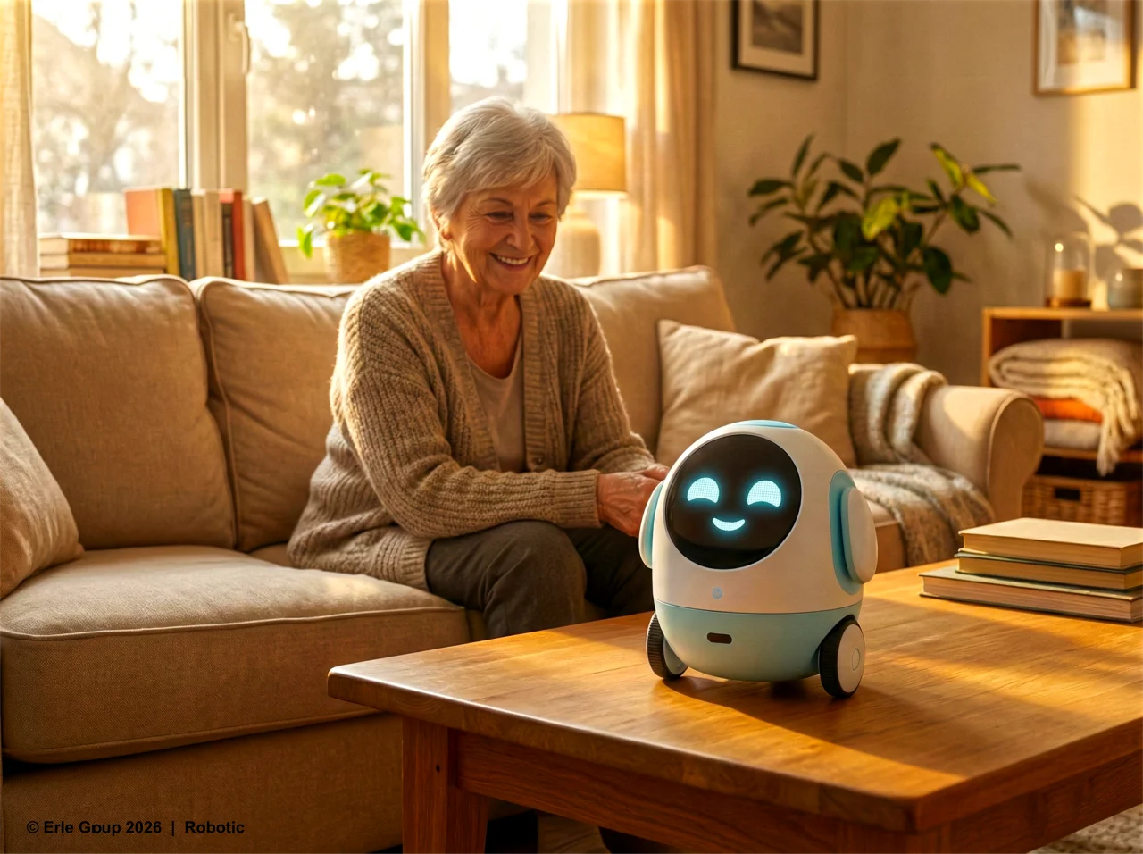 Companion-Roboter auf Wohnzimmertisch im Gespräch mit einer älteren Frau