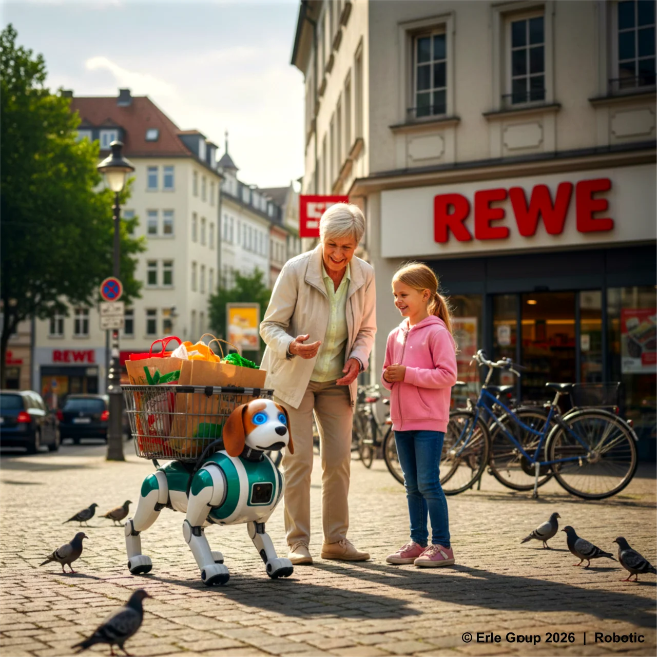 Hunderoboter mit Ladekorb begleitet ältere Frau beim Einkaufen auf einer Straße